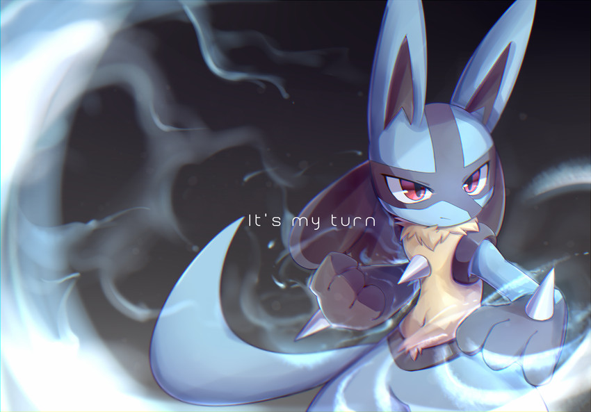 ambiguous_gender anthro black_body black_fur blue_aura blue_body blue_fur chest_spike fur gloves_(marking) grey_background hand_spike markings navel red_eyes simple_background solo spikes spikes_(anatomy) tail text yellow_body yellow_fur syuya nintendo pokemon generation_4_pokemon lucario pokemon_(species) 2019 english_text