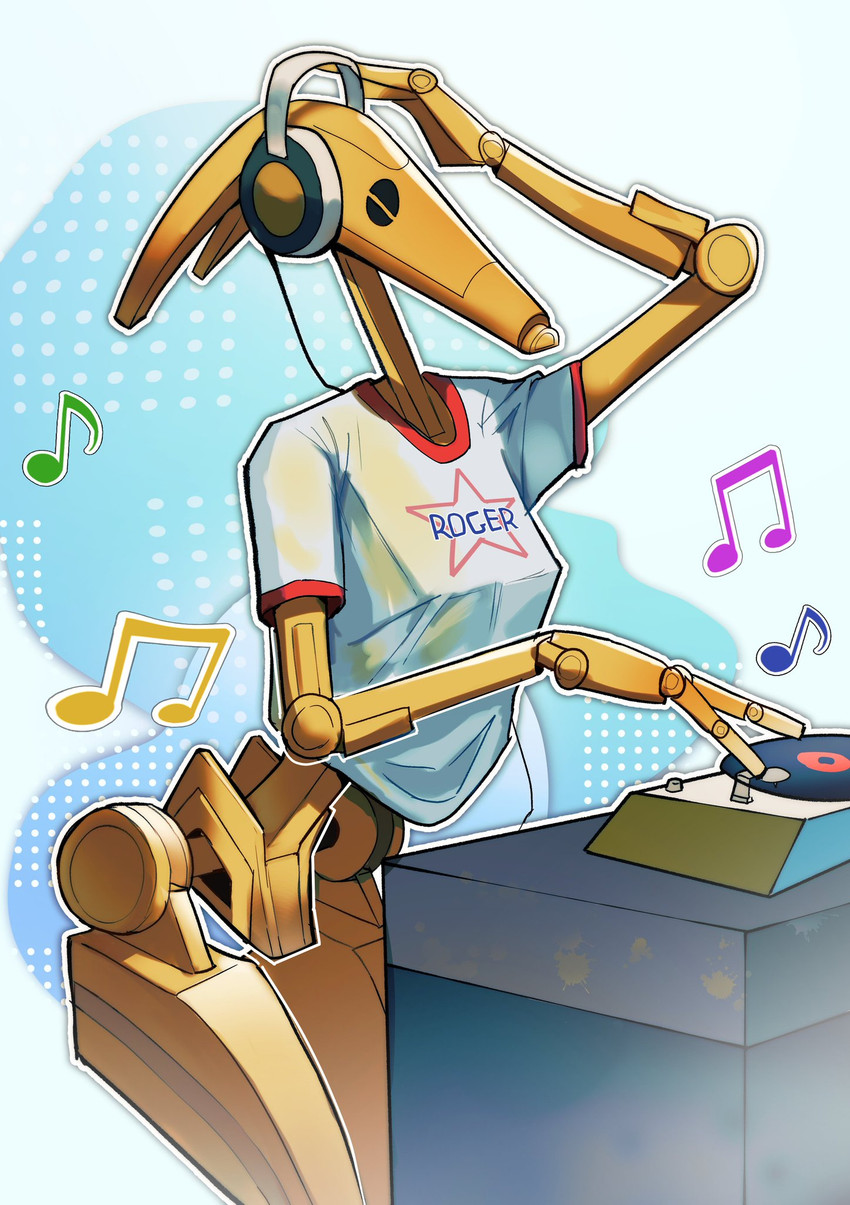 ambiguous_gender bottomless clothed clothing disc_jockey dj_booth electronics headphones machine metallic_body musical_note musical_symbol shirt solo stylized_background symbol topwear wet wet_clothing wet_shirt wet_topwear white_clothing white_shirt white_topwear unknown_artist star_wars b1_battle_droid robot hi_res