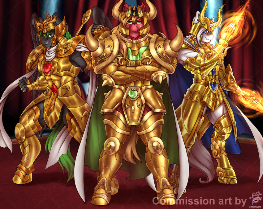 anthro anthrofied armor cape cloth_(saint_seiya) clothing crossed_arms fire freckles group headgear helmet horn horned_helmet looking_at_viewer magic male pose standing wings tatara94 friendship_is_magic hasbro my_little_pony mythology saint_seiya toei_animation big_macintosh_(mlp) fan_character knighthoof_(oc) ultima_(oc) equid equine horse mammal mythological_creature mythological_equine pegasus pony unicorn