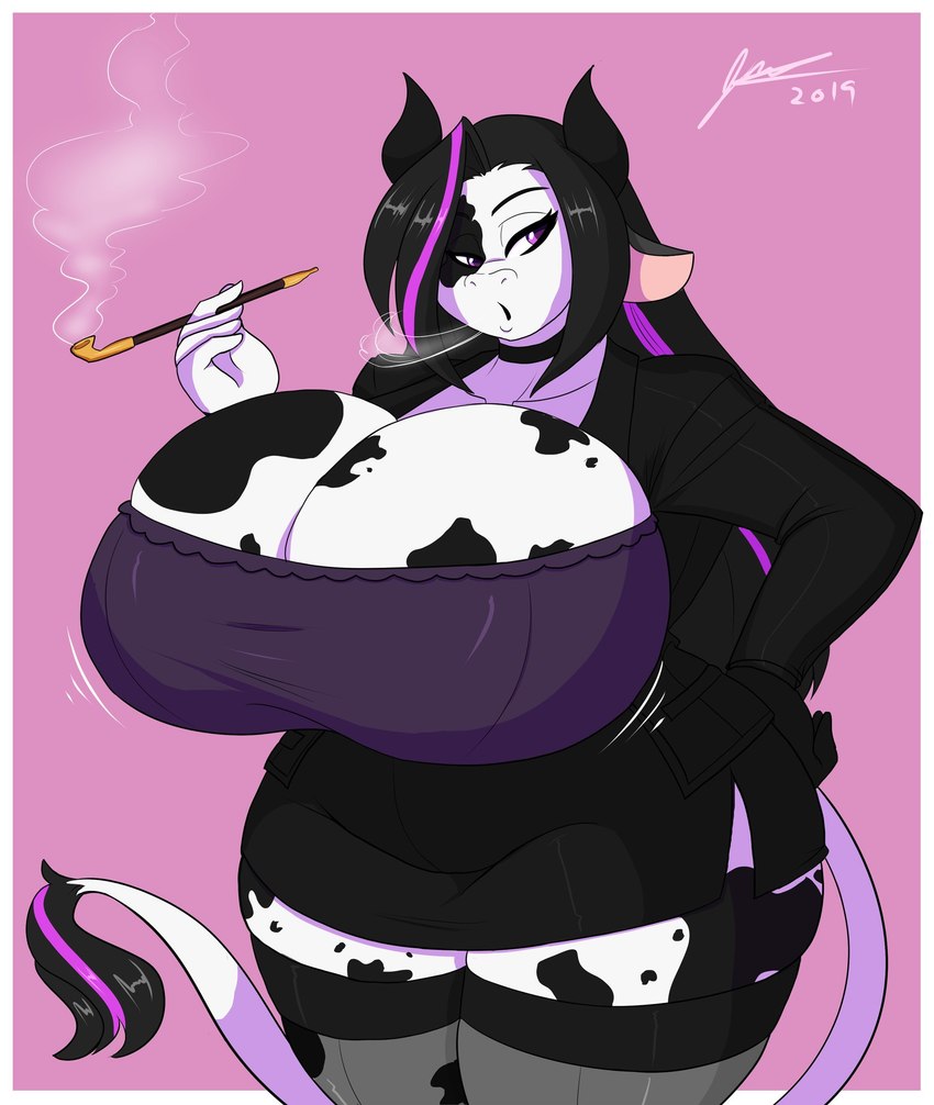 anthro big_breasts bra breasts cleavage clothed clothing female hair huge_breasts kiseru legwear pipe smoke smoking smoking_pipe solo stockings suit underwear year jwinkz blacklight_(character) bovid bovine cattle holstein_friesian_cattle mammal 2019 hi_res signature