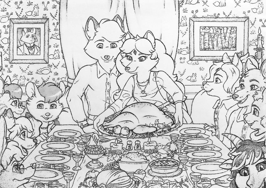 anthro eyewear female food glasses group holidays horn male germainethevixen thanksgiving enwood_the_fox germaine_(vixen) canid canine canis coyote domestic_cat felid feline felis fox mammal wolf monochrome