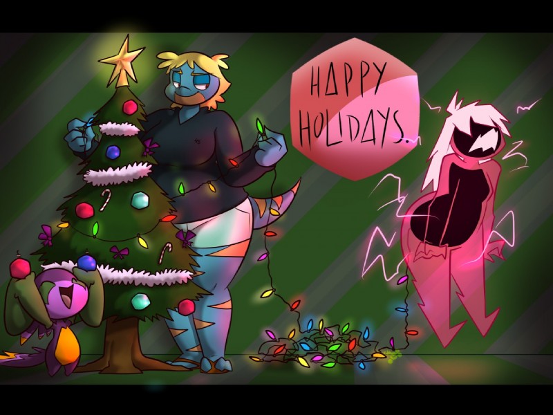 anthro butt christmas_lights christmas_tree clothing electricity female flip_flops footwear group holidays humor lights plant sandals shoes smile suggestive tree potoobrigham christmas aura_(junk_planet) bree_(junk_planet) terawatt electric_demon 4:3