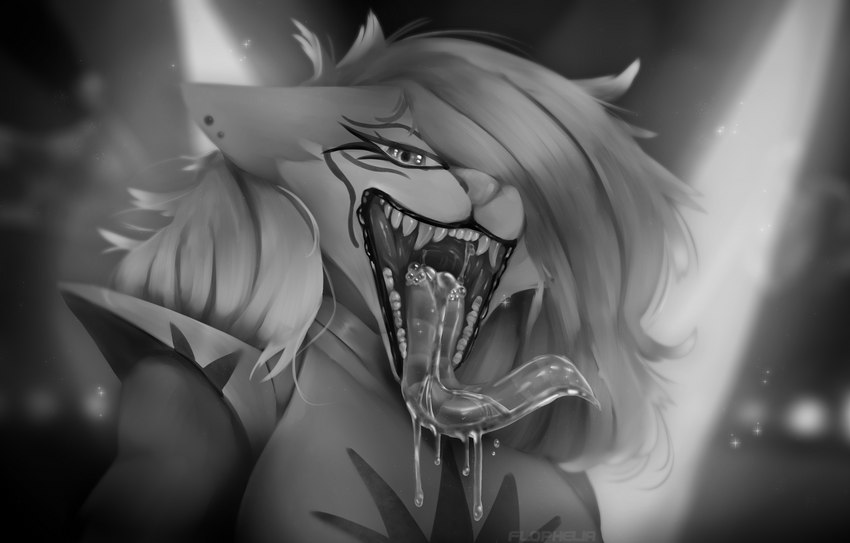 bodily_fluids drooling female hair long_hair long_tongue mouth_shot open_mouth saliva slimy_tongue teeth tongue flophelia five_nights_at_freddy's five_nights_at_freddy's:_security_breach scottgames steel_wool_studios roxanne_wolf canid canine mammal absurd_res black_and_white bust_portrait hi_res monochrome portrait