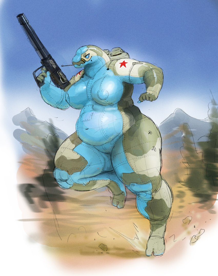 action_pose action_scene anthro areola belly blue_sky blurred_background breasts featureless_crotch female gun holding_gun holding_object holding_ranged_weapon holding_weapon landscape machine markings mountain nude outside overweight overweight_anthro overweight_female plant pose ranged_weapon running sky solo star_(marking) tree weapon cettus yeka_(cettus) living_machine robot 2022 hi_res