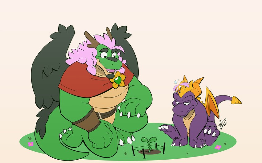 anthro duo feral grass green_body hair horn kneeling male on_one_knee pink_hair plant purple_body simple_background tail wings hikazedragon activision mythology spyro_the_dragon haru_(hikazedragon) spyro dragon mythological_creature mythological_scalie scalie hi_res