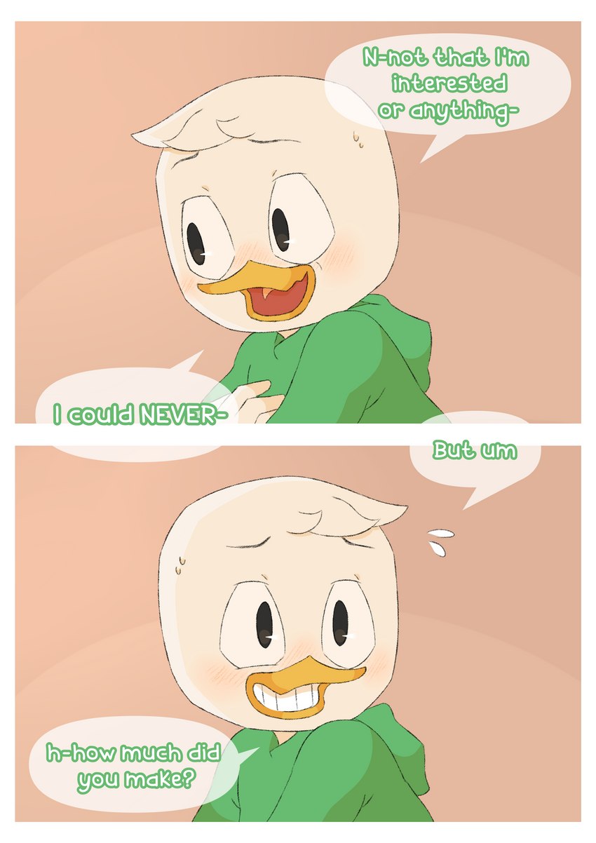 bed bedroom dialogue furniture text threek disney ducktales ducktales_(2017) goldie_o'gilt louie_duck anatid anseriform avian bird duck absurd_res comic english_text hi_res