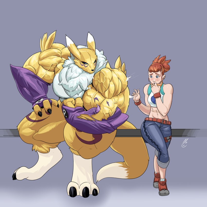 abs aged_up anthro big_muscles blush bottomwear clothing crop_top denim denim_bottomwear denim_clothing duo female flexing huge_muscles hyper hyper_muscles jeans muscular muscular_female pants shirt simple_background size_difference topwear torn_clothing vein veiny_muscles mivadoman xylem bandai_namco digimon rika_nonaka canid digimon_(species) human mammal renamon 1:1 2020 hi_res