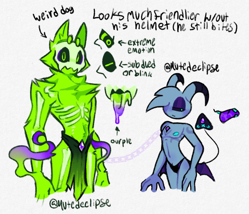 anthro black_sclera blue_body blue_skin bone bottomwear clothing duo fur gem glistening_eyelids green_body green_fur green_tongue hair hair_over_eye horn lidded_eyes loincloth male markings membrane_(anatomy) membranous_wings nipples one_eye_obstructed purple_tongue skull spade_tail tail teal_eyes teal_teeth teeth text tongue underwear wings mutedeclipse mirc wulfthorne canid canine canis ghost humanoid imp mammal spirit wolf english_text nonbinary_(lore)