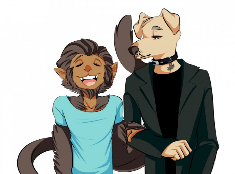 anthro anthro_on_anthro black_collar blind collar disability duo eyes_closed fur hair hug male male/male open_mouth simple_background teeth tongue white_background mitarashi harley_(mitarashi) ryland_(mitarashi) canid canine canis domestic_dog haplorhine mammal monkey primate