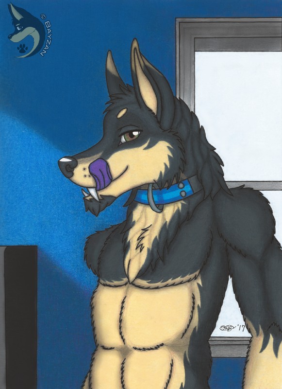 anthro black_body black_fur collar fangs fur grin long_fangs looking_at_viewer male mane muscular muscular_anthro muscular_male smile smirk solo teeth tongue yellow_body yellow_fur bayzan_(artist) bayzan canid canine canis czechoslovakian_wolfdog domestic_dog german_shepherd herding_dog hybrid mammal pastoral_dog sheepdog wolf 2017 hi_res traditional_media_(artwork)