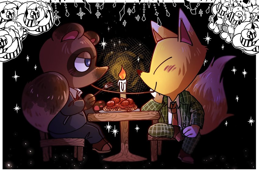 anthro blue_eyes blush brown_body brown_fur clothing date duo food fur male male/male necktie orange_body orange_fur pasta romantic romantic_ambiance spaghetti suit shandrawaka animal_crossing nintendo crazy_redd tom_nook_(animal_crossing) canid canine fox mammal raccoon_dog tanuki hi_res