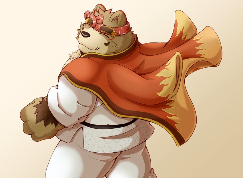 anthro black_nose bottomwear brown_body brown_fur butt clothing fur humanoid_hands kemono male overweight overweight_anthro overweight_male pants simple_background solo kuremura62213 sengoku_puzzle saigou_shirou bear mammal 2021