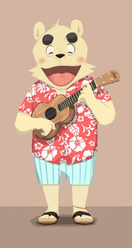 anthro blush bottomwear clothing eyes_closed footwear humanoid_hands lute male musical_instrument playing_ukulele plucked_string_instrument sandals shirt shoes shorts simple_background solo string_instrument topwear ukulele panda_po bear mammal 2020 hi_res