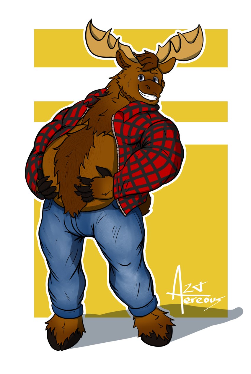 anthro antlers belly big_belly body_hair bottomwear chest_fur clothing denim denim_bottomwear denim_clothing happy_trail horn jeans male musclegut muscular pants plaid plaid_jacket solo aereous merrick_(denverthedragon) deer mammal moose new_world_deer hi_res