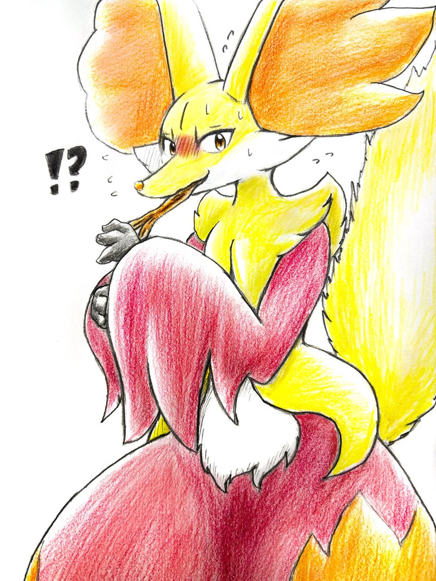 ambiguous_gender anthro blush blush_lines bodily_fluids embarrassed fur inner_ear_fluff interrobang looking_at_viewer multicolored_body object_in_mouth orange_body orange_eyes orange_fur red_body red_fur simple_background solo stick sweat sweatdrop tail tuft white_body white_fur yellow_body yellow_fur eiroru nintendo pokemon canid canine delphox generation_6_pokemon mammal pokemon_(species) 2025 hi_res