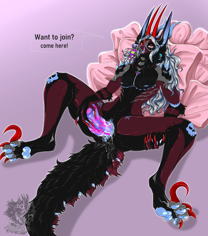 andromorph anthro bared_teeth blue_nipples blue_pawpads blue_pussy bodily_fluids claws dildo dildo_in_pussy dildo_insertion ejaculation expander genital_fluids genitals hair horn horn_markings intersex legs_held_open long_ears long_hair long_tail long_tongue markings mastectomy_scar masturbation nipples pawpads penetration pillow pussy reclining_on_bed scar sex_toy sex_toy_in_pussy sex_toy_insertion sickle_claw skinny solo tail teeth text textured_dildo toe_claws tongue tongue_out toying_self vaginal vaginal_fluids vaginal_masturbation vaginal_penetration veiny_dildo visibly_trans messy_satanist asmodeus_(character) chimera demon absurd_res english_text hi_res trans_(lore) trans_man_(lore)