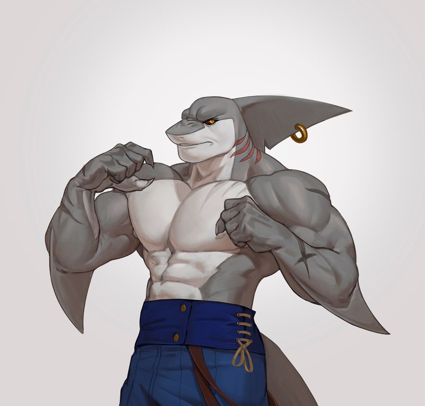 abs anthro biceps clothing countershading fin fin_piercing fin_ring furgonomics furry-specific_piercing gills grey_body looking_at_viewer male muscular muscular_anthro muscular_male neck_gills nipples pecs piercing red_gills scar shirtless shirtless_male solo standing edvardiko kuyo_(arcadegig) fish marine shark absurd_res digital_drawing_(artwork) digital_media_(artwork) hi_res