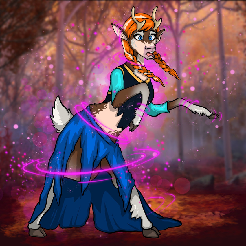 alternate_species anthro antlers blue_eyes braided_hair clothing dress female hair hooves horn mid_transformation open_mouth outside solo standing torn_clothing transformation blacksheeptfs disney frozen_(disney) anna_(frozen) deer mammal new_world_deer reindeer 1:1 2020 absurd_res hi_res