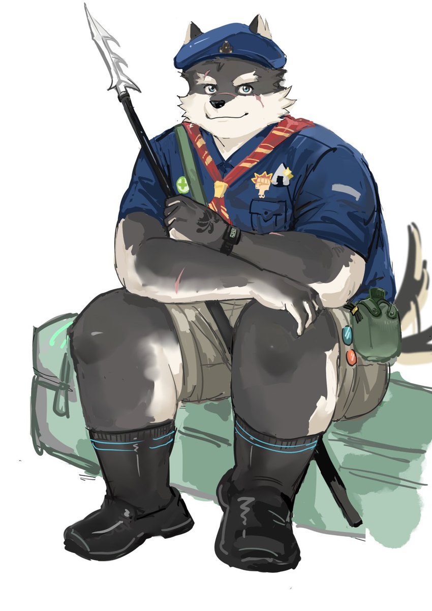 anthro bottomwear clothing facial_scar fur grey_body grey_fur hat headgear headwear male melee_weapon polearm scar scout_uniform shorts sitting slightly_chubby solo spear tail tail_motion tailwag weapon popcornduck2 lifewonders tokyo_afterschool_summoners moritaka_(tas) canid canine canis domestic_dog mammal hi_res