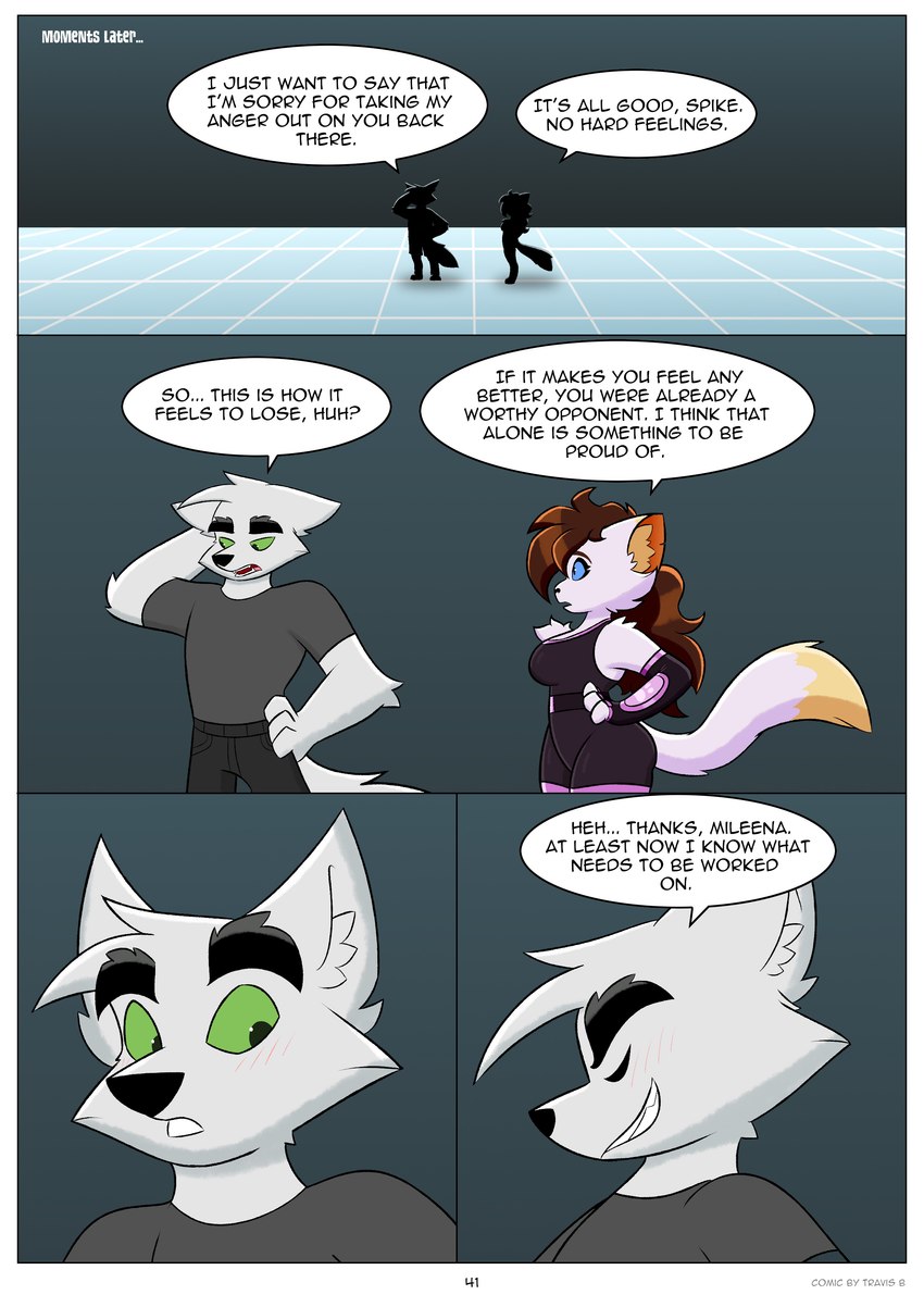 anthro border dialogue duo female male text white_border travis_the_dragon_dimension_ride_(comic_series) mileena_smith_(travis_the_dragon) spike_fergison_(travis_the_dragon) canid canine canis domestic_cat felid feline felis mammal wolf absurd_res comic english_text hi_res