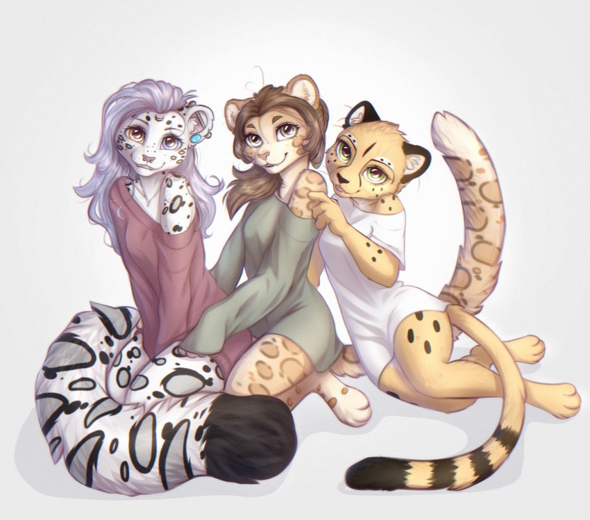 alternate_species anthro black_body black_fur bottomless brown_hair clothed clothing ear_piercing female fur group hair leopard_spots looking_at_viewer markings piercing simple_background smile spots spotted_body spotted_fur trio white_background white_body white_fur yellow_body yellow_fur yshanii cotton_(yshanii) rel_(relsarts) tabitha_(crash2draw) cheetah felid feline mammal pantherine snow_leopard 2023 digital_media_(artwork) hi_res