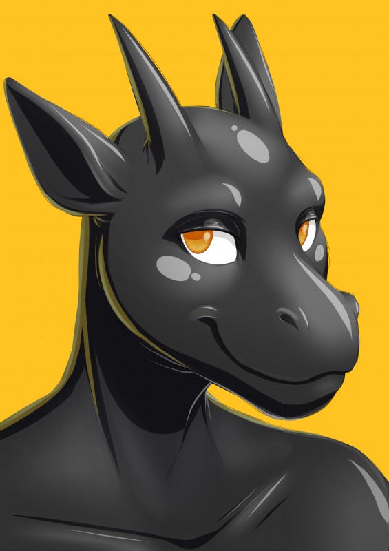 anthro glistening horn latex male orange_background orange_eyes simple_background smile solo dirtybird mythology resin_drake dragon mythological_creature mythological_scalie scalie absurd_res bust_portrait digital_drawing_(artwork) digital_media_(artwork) hi_res huge_filesize portrait