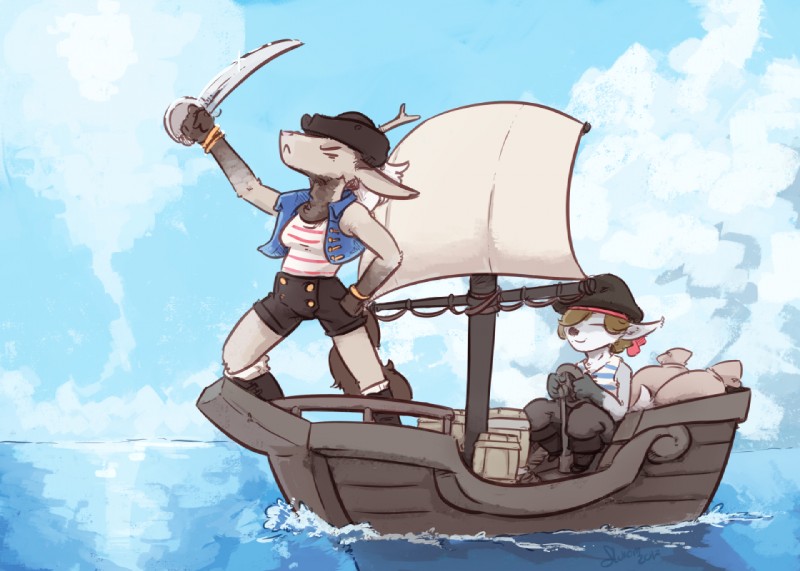 anthro barrel boat boots bracelet brown_body brown_fur brown_hair clothed clothing cloud detailed_background footwear fur grey_body grey_fur hair hat headgear headwear jewelry outside pirate sea seascape shoes sky topwear vehicle vest water watercraft white_hair fluxom kazard species_request 2017