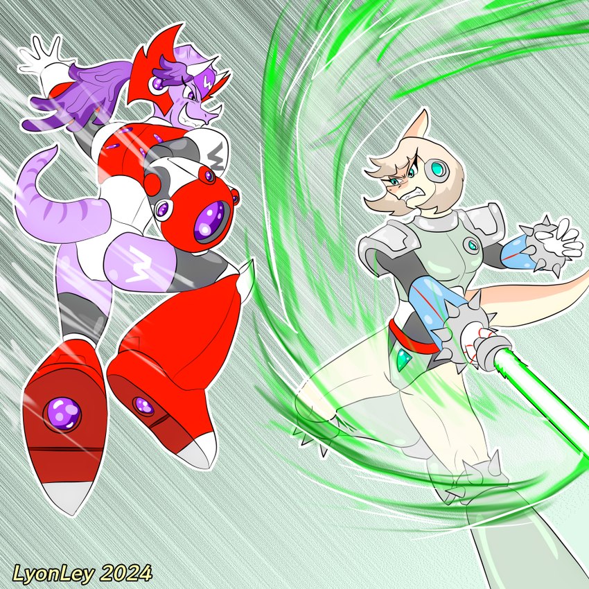 anthro armor blue_eyes clothed clothing cosplay crossover_cosplay duo energy_sword energy_weapon evil_grin female fight laser_sword leotard melee_weapon purple_body purple_eyes purple_scales scales slashing smile sword tan_body tan_scales weapon lyonley capcom goodbye_volcano_high mega_man_(series) naomi_(gvh) sigma_(mega_man) trish_(gvh) zero_(mega_man) ceratopsian dinosaur hadrosaurid ornithischian ornithopod parasaurolophus prehistoric_species reploid reptile scalie triceratops 1:1 crossover