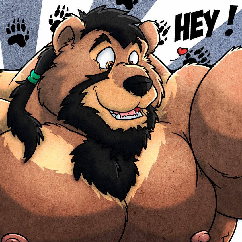 anthro bear_claws beard biceps black_hair brown_body brown_eyes brown_fur chest_tuft dialogue facial_hair fur greeting hair heart_symbol male multicolored_body multicolored_fur muscular muscular_anthro muscular_male nipples open_mouth paw_pattern pecs ponytail solo text tuft two_tone_body two_tone_fur almasy sarge_(braford) bear brown_bear mammal ursine 1:1 2013 english_text