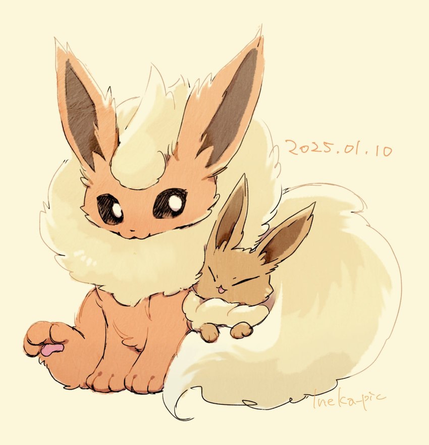 :3 ambiguous_gender brown_body brown_fur duo eyes_closed feral fluffy fluffy_tail fur happy hug looking_at_another open_mouth orange_body orange_fur pawpads paws simple_background sitting size_difference tail tail_hug ineka nintendo pokemon eevee eeveelution flareon generation_1_pokemon pokemon_(species) 2025 dated hi_res signature