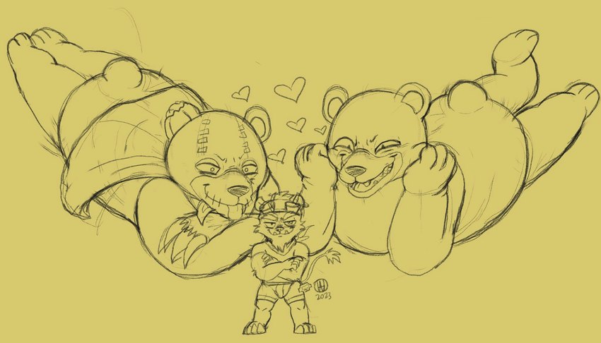 anthro crossed_arms group heart_symbol lying male male/male on_front size_difference suggestive_look trio glitchedweasel bandai_namco digimon digimon_(species) mammal monzaemon mustelid musteline true_musteline warumonzaemon weasel hi_res sketch