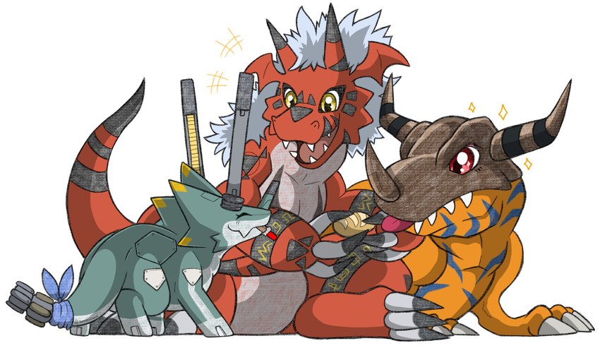 ambiguous_gender anthro armor bread candy chocolate claws dessert eating feral food green_body group headgear helmet horn red_body simple_background sitting smile standing tail trio white_background portugueselynx bandai_namco digimon digimon_(species) dinosaur greymon growlmon prehistoric_species reptile scalie wezengammamon hi_res