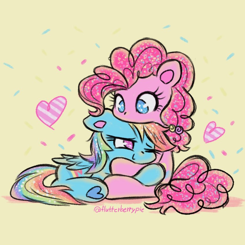 affectionate blue_body blue_eyes blue_fur chibi confetti cutie_mark duo female female/female fur hair heart_symbol hug love lying mane one_eye_closed pink_body pink_eyes pink_fur simple_background sitting smile sparkles sparkling_eyes sparkling_hair sparkling_mane sparkling_tail tail white_background wings flutterberrypie friendship_is_magic hasbro my_little_pony mythology pinkie_pie_(mlp) rainbow_dash_(mlp) equid equine horse mammal mythological_creature mythological_equine pegasus pony 1:1 hi_res signature