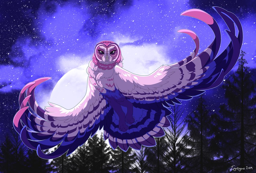 ambiguous_gender brown_body brown_feathers feathers feet feral flying forest moon night plant purple_background simple_background sky solo star starry_sky talons toes tree white_body white_feathers ignigeno guardians_of_ga'hoole strix_struma avian bird owl spotted_owl strix_(genus) true_owl 2019 female_(lore)