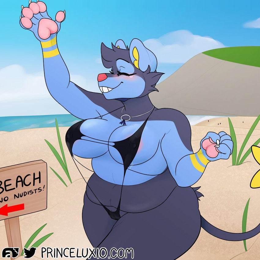 anthro arrow_sign beach big_breasts bikini blush bouncing_breasts breasts clothed clothing collar curvy_female direction_sign directional_arrow exposure_variation female huge_breasts instruction instruction_on_sign overweight paws planted_sign prohibition_sign seaside sign simple_background skimpy slightly_chubby smile solo string_bikini swimwear text two-piece_swimsuit puppeon nintendo pokemon pup_(puppeon) generation_4_pokemon luxio pokemon_(species) 1:1 absurd_res english_text hi_res