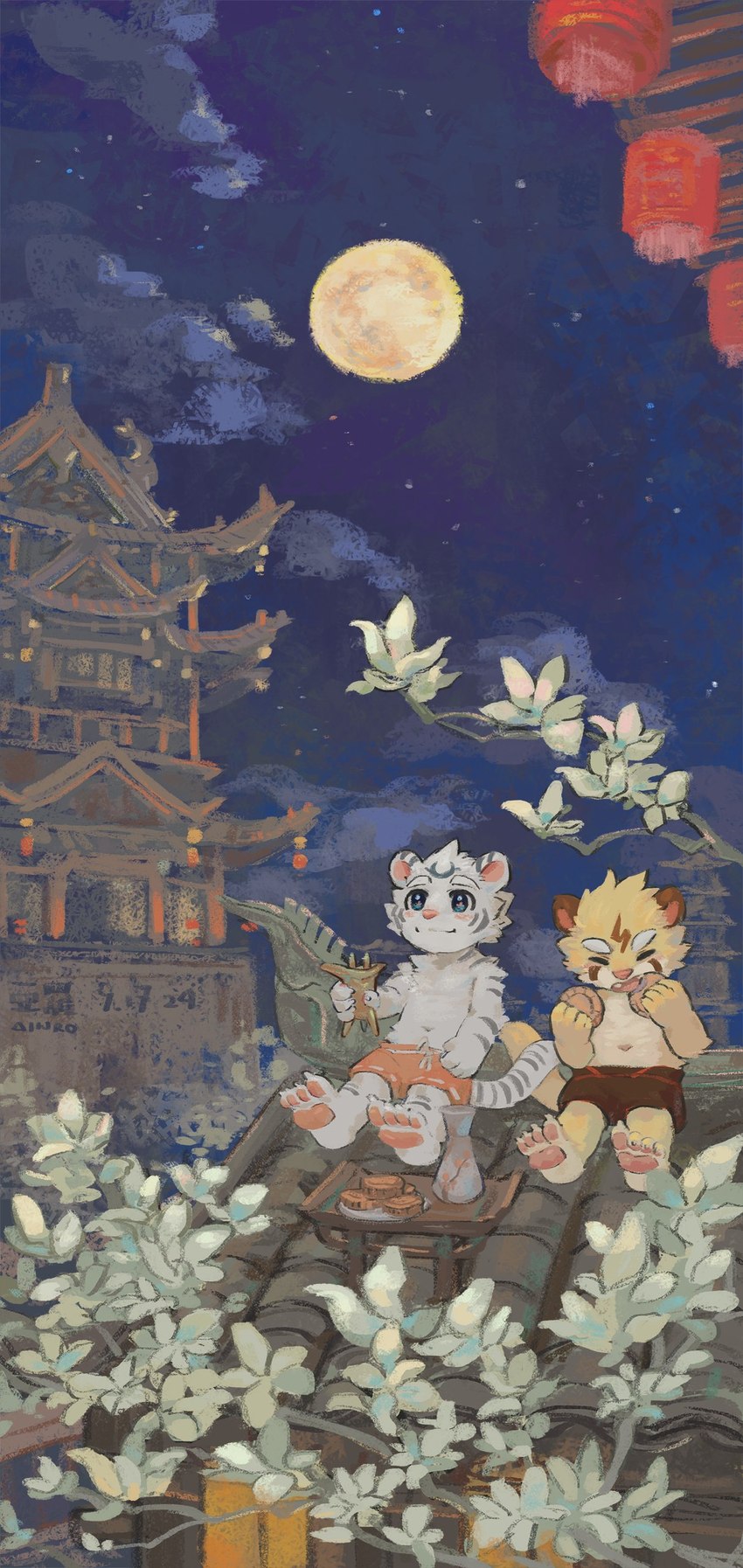 anthro blue_eyes building duo eating flower food fur fur_markings hair male markings moon multicolored_body multicolored_fur night plant shirtless_male sitting smile striped_body striped_fur stripes two_tone_body two_tone_fur white_body white_fur yellow_body yellow_fur ainro elysium_above guang_yuan jue_ming cheetah felid feline mammal pantherine tiger absurd_res hi_res