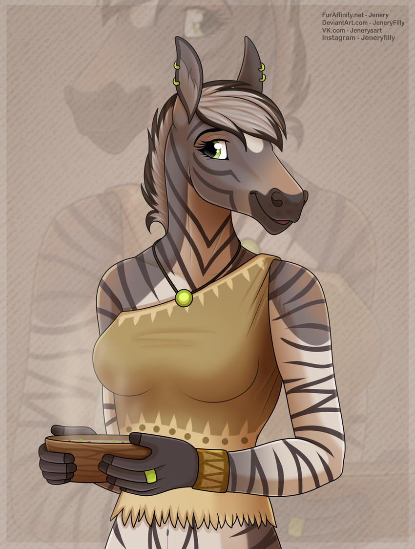 5_fingers anthro beverage blowup_background breasts clothed clothing ear_piercing ear_ring female fingers piercing ring_piercing simple_background solo tea zuni jenery equid equine horse hybrid mammal zebra zebroid zorse 2020 hi_res