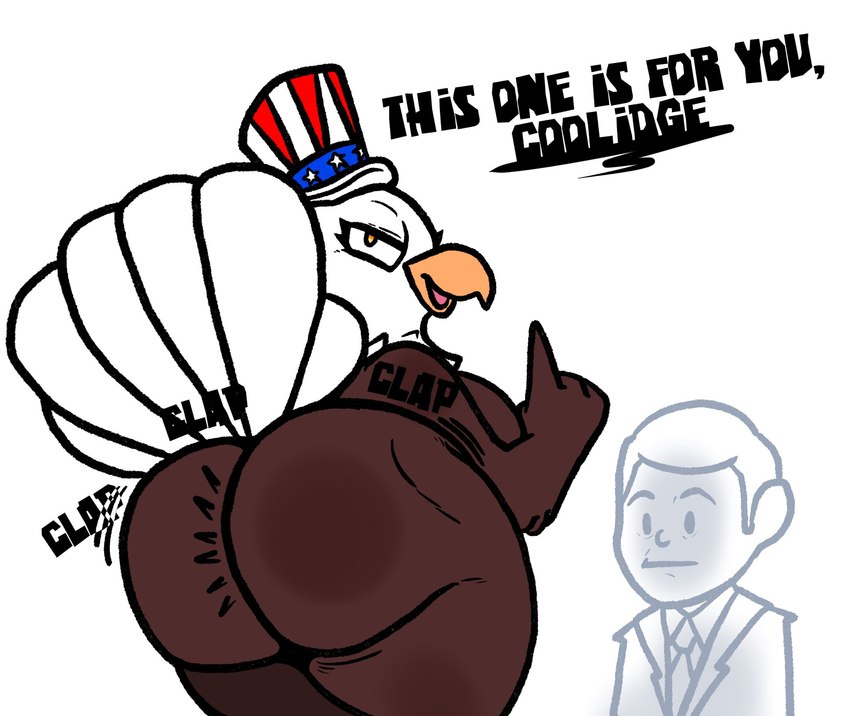 anthro big_butt brown_body butt clapping clothing dialogue duo female gesture hand_gesture hat headgear headwear looking_at_another looking_at_viewer narrowed_eyes open_mouth pointing pointing_up simple_background standing suit thick_thighs top_hat white_background yellow_eyes lewdewott american_eagle calvin_coolidge accipitrid accipitriform avian bald_eagle bird eagle human mammal sea_eagle 2024 digital_drawing_(artwork) digital_media_(artwork) hi_res