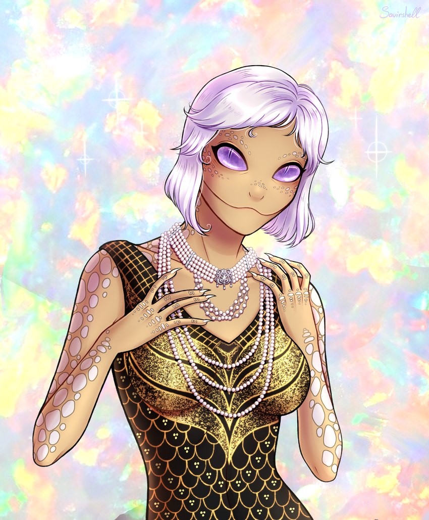 clothing dress female gem hair jewelry looking_at_viewer necklace olive_skin pearl_(gem) pearl_necklace pupils purple_eyes scales slit_pupils solo white_hair savirshell asclepia animal_humanoid humanoid reptile reptile_humanoid scalie scalie_humanoid snake_humanoid 2021 absurd_res hi_res