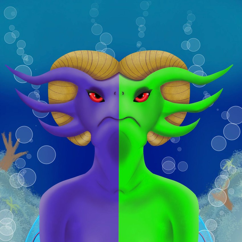 ambiguous_gender anthro green_body half-closed_eyes horn looking_at_viewer narrowed_eyes purple_body red_eyes simple_background solo under_sea michelle-buo mythology alebrije amphibian animal_humanoid axolotl bovid caprine cheloniid goat humanoid hybrid mammal marine marine_humanoid mole_salamander mythological_creature mythological_scalie reptile salamander scalie sea_turtle turtle 1:1 digital_drawing_(artwork) digital_media_(artwork) hi_res portrait three-quarter_portrait