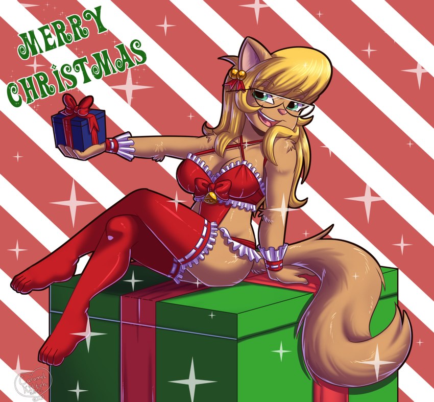 anthro blonde_hair breasts clothing eyewear female gift glasses hair holidays legwear open_mouth pink_nose solo text thigh_highs caramel-kitteh christmas hanna-barbera swat_kats callie_briggs domestic_cat felid feline felis mammal 2021 english_text