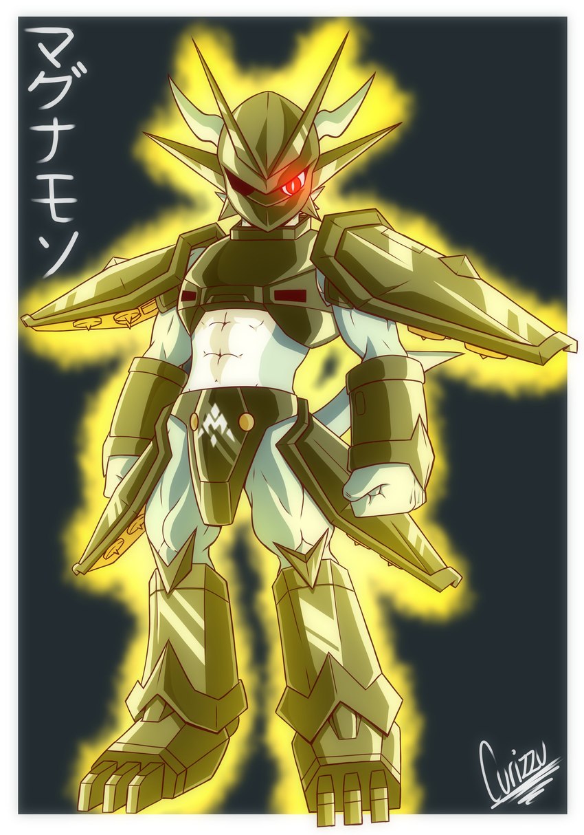 abs anthro armor blue_body glowing glowing_eyes male midriff red_eyes solo text curizzu_1311 bandai_namco digimon digimon_(species) magnamon magnamon_(black) scalie absurd_res hi_res japanese_text