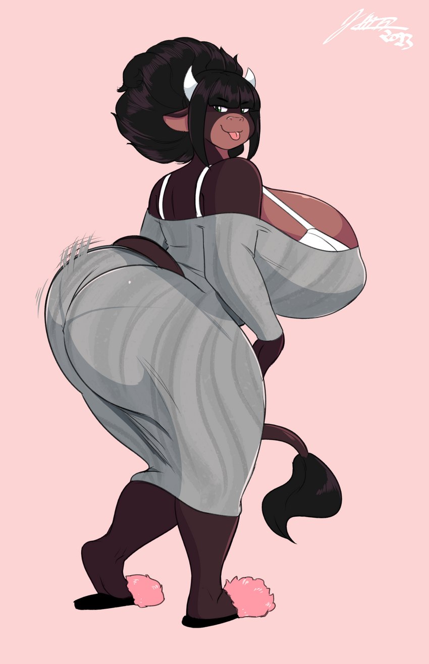 anthro big_breasts big_butt black_hair blep breasts butt cleavage clothed clothing female footwear hair horn huge_breasts jiggling looking_at_viewer looking_back looking_back_at_viewer shoes simple_background slippers solo tail tail_tuft tongue tongue_out tuft jwinkz summer_(jwinkz) bovid bovine cattle mammal 2023 artist_name digital_media_(artwork) hi_res