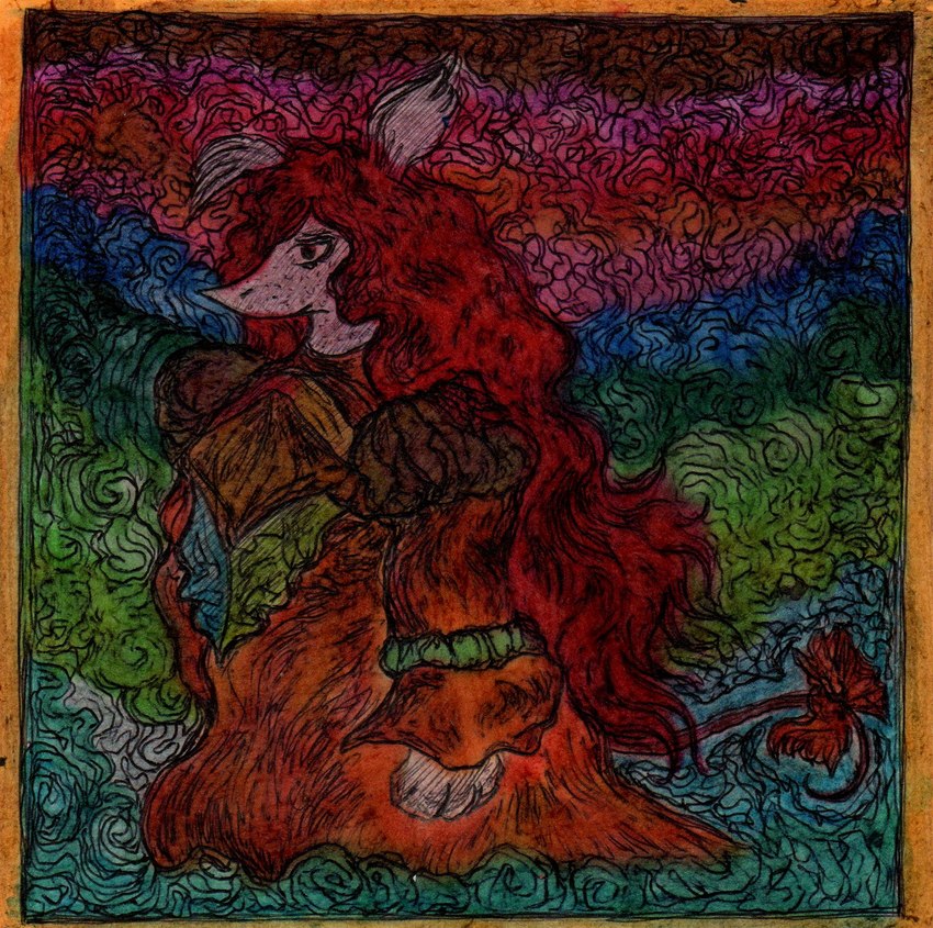 abstract_background accesory accessory anthro clothing coat coat_of_arms female fist furgonomics ginger hair long_hair orange_clothing red_hair solo tail tail_accessory topwear janet_k_wallace final_fantasy final_fantasy_ix square_enix alba_marigold burmecian humanoid mammal rodent colored colored_pencil_(artwork) hi_res traditional_media_(artwork)