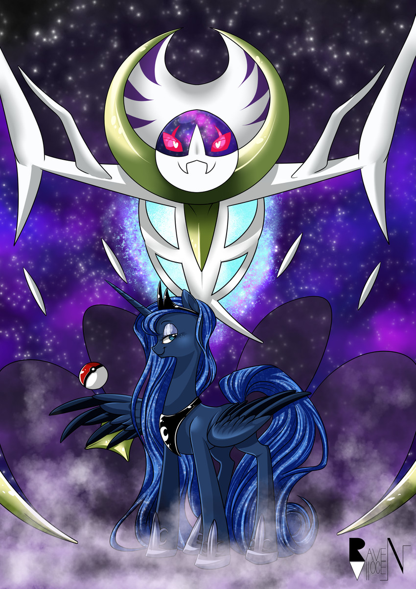 blue_hair collar cosmic_background crown duo female feral fog hair headgear horn lidded_eyes looking_at_viewer pokeball purple_body purple_wings smile smirk star starry_background wings raven_allocen friendship_is_magic hasbro my_little_pony mythology nintendo pokemon princess_luna_(mlp) equid equine generation_7_pokemon legendary_pokemon lunala mammal mythological_creature mythological_equine pokemon_(species) winged_unicorn 2016 crossover hi_res