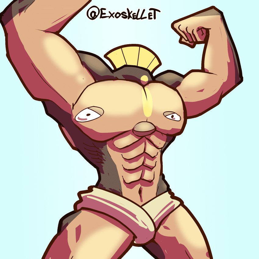 clothing cursed_image face_in_chest flexing looking_at_viewer male muscular not_furry solo what exoskellet nintendo pokemon generation_5_pokemon humanoid pokemon_(species) stunfisk 1:1 hi_res