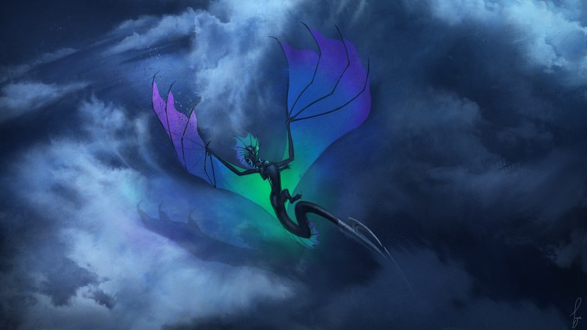 black_body female feral frill_(anatomy) head_crest head_frill membrane_(anatomy) membranous_frill membranous_wings multicolored_wings sky skyscape solo wings ingvas mythology yara_(destinesia) dragon mythological_creature mythological_scalie scalie 16:9 2025 digital_media_(artwork) hi_res signature widescreen