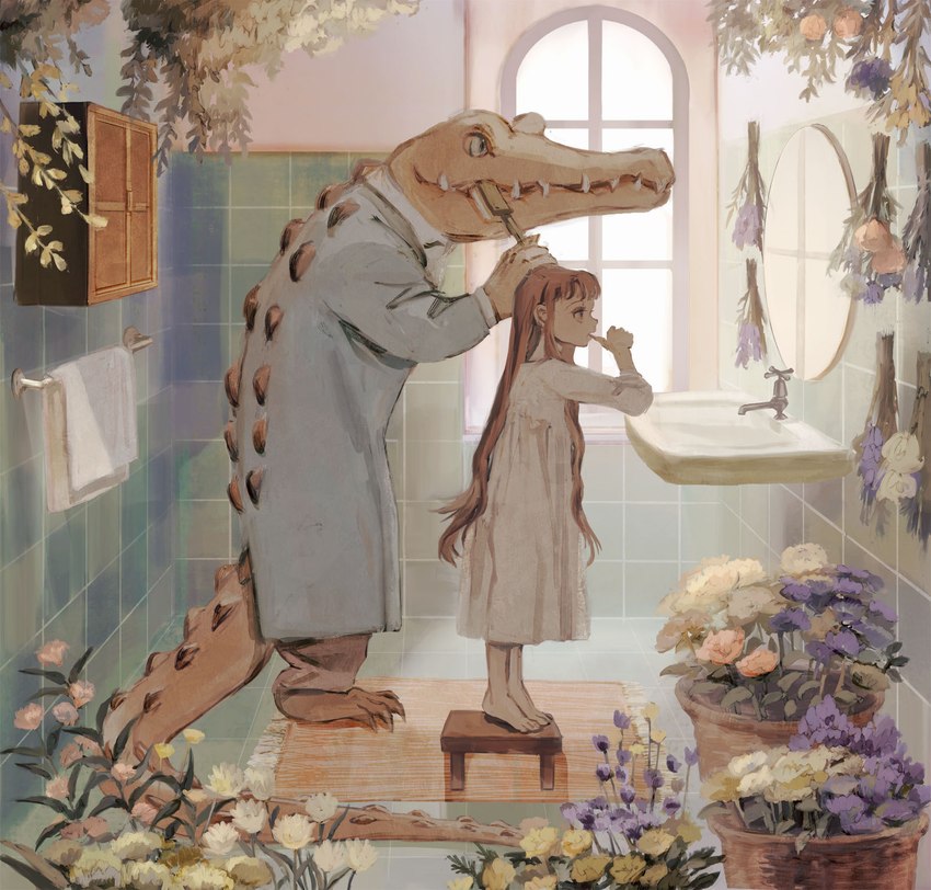 anthro bangs barefoot basket bathroom bathroom_tiles blue_clothing blue_coat blue_eyes blue_topwear brown_hair brush brushing brushing_teeth caucasian claws clothing coat container detailed_background duo feet female flower hair holding_object inside long_hair male mirror nightgown orange_body orange_rug plant pupils rug sharp_teeth sink slit_pupils stepping_stool tail teeth toothbrush topwear towel white_clothing white_towel window window_light rt0no crocodile crocodilian human mammal reptile scalie hi_res