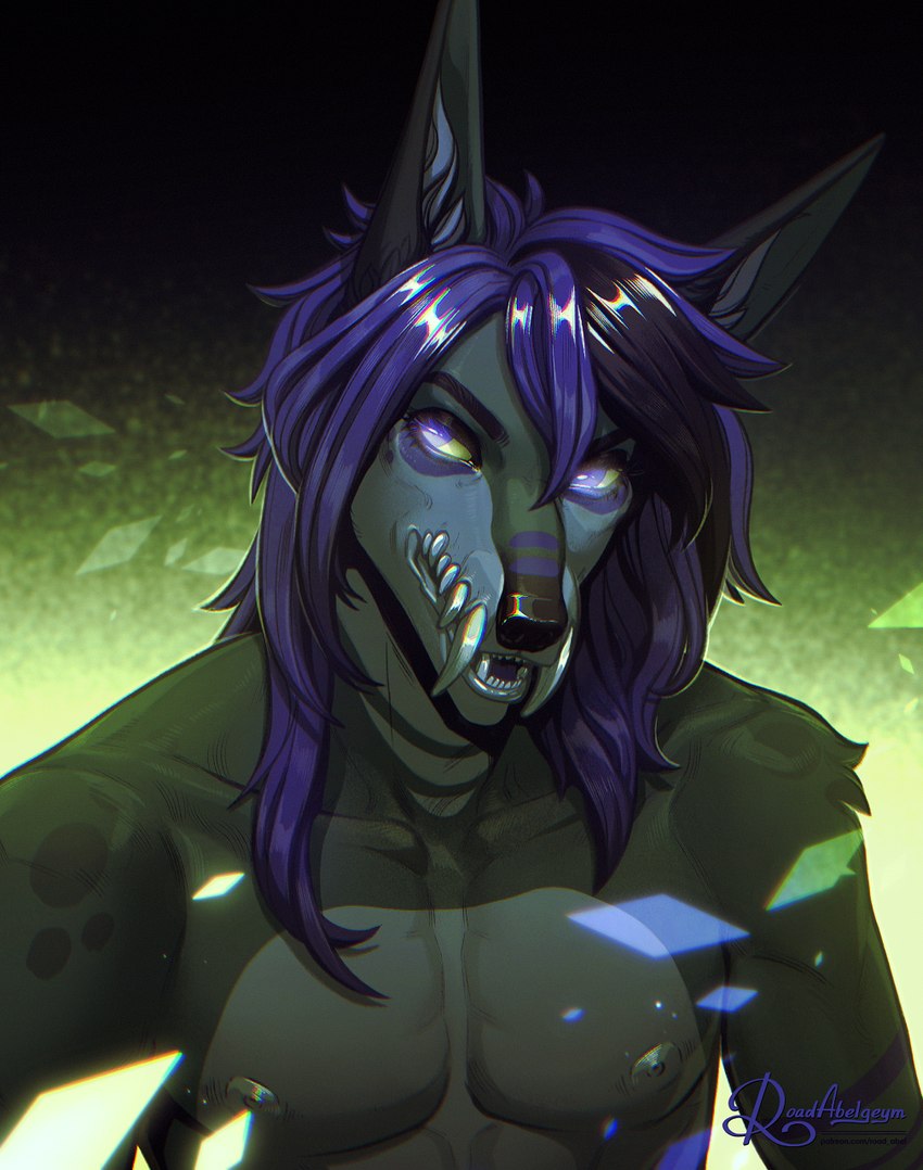 anthro fangs fur green_body green_fur hair jaw male nipples purple_eyes purple_hair solo teeth road~abelgeym canid canine hybrid mammal half-length_portrait hi_res portrait