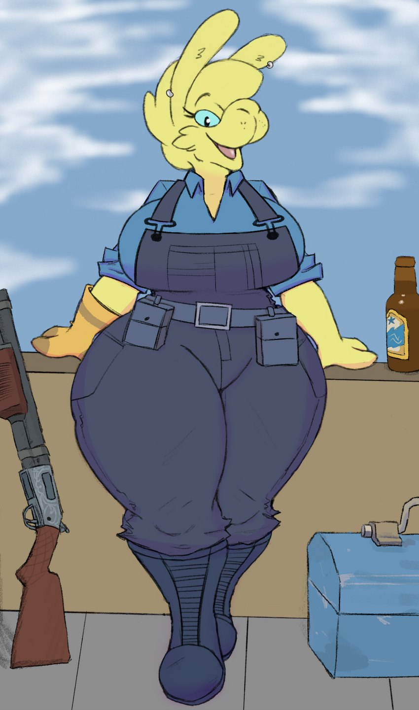 alcohol anthro beer belt beverage big_breasts blue_eyes boots breasts clothing ear_piercing ear_ring female footwear fur gloves handwear huge_thighs leaning_on_wall looking_at_viewer low_wall overalls pear-shaped_figure piercing ring_piercing shoes smile smiling_at_viewer solo thick_thighs weapon wide_hips yellow_body yellow_fur delfucko goatonomous third-party_edit team_fortress_2 valve engineer_(team_fortress_2) miss_b camelid lamoid llama mammal hi_res